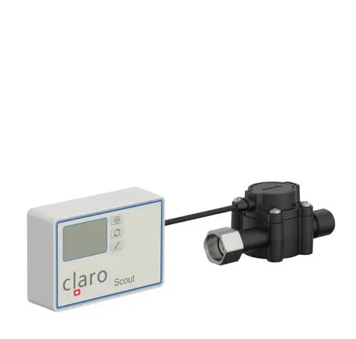 Durchflussmesser von Hansgrohe mit einem anschlussfertigen Sensor und Display, der zur Erfassung des Wasserflusses genutzt wird.